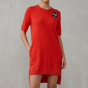 NWT Embroidered Black Cat Shirt Dress - Slit Sides - Red - Size S/M